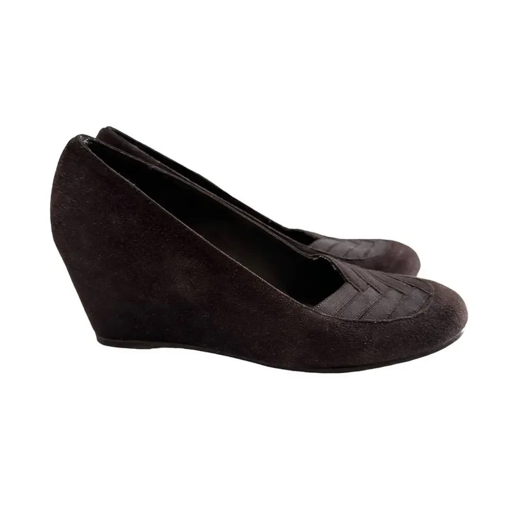Stuart Weitzman Brown‎ Suede Wedge Pumps Chevron Toe vintage 8.5N - Picture 6 of 9